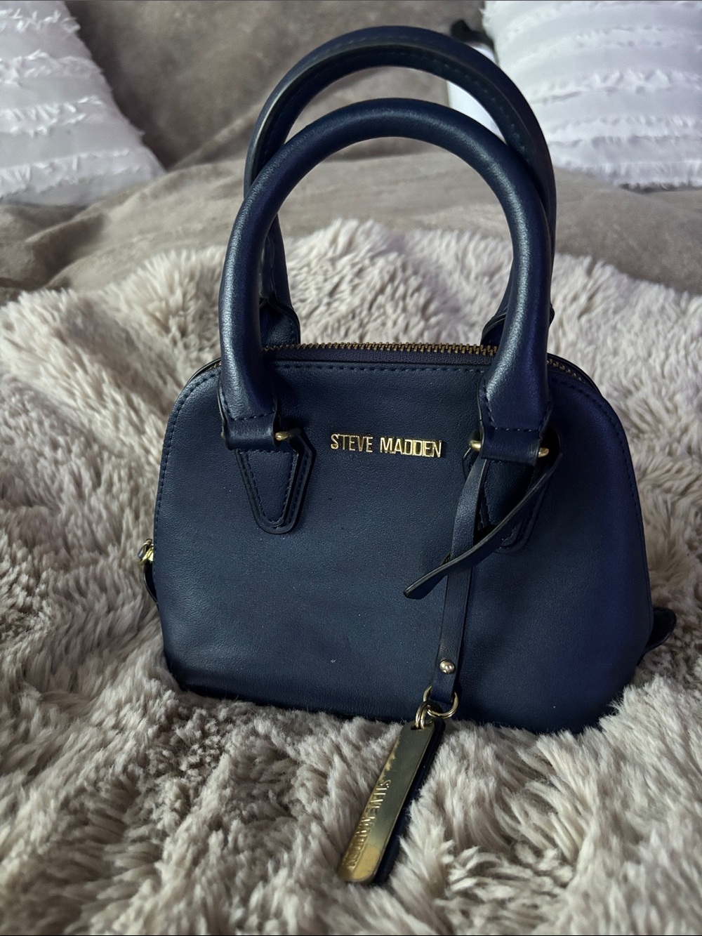 Steve Madden Navy Mini Dome Satchel with Gold Accent